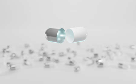 Open empty white and silver capsule on background of closed powder pills. Healthcare, medical pharmaceutical medicament, covid-19 vaccine, nutritional supplement, cosmetic vitamins, 3d illustrationの写真素材