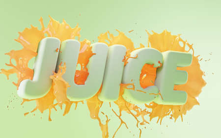 Splash of mango, papaya or carambola juice on green mint background. 3d illustration liquid flow, tropical fruit cocktail drops, fresh drink. Word JUICE with drips yellow lemonade, letters textの写真素材