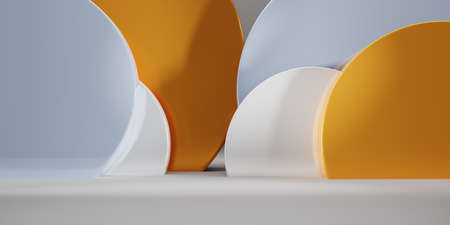 Blank room with gray floor and abstract geometric rounds on wall. Empty studio interior in minimal style with gold, blue, white spheres. Stage for product display on modern background 3d illustrationの写真素材