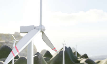Mountain landscape with wind turbines and blue sky closeup, angle view. Sustainable source energy, green power of future. Realistic illustration of windmills with white red vanes, 3d renderの写真素材