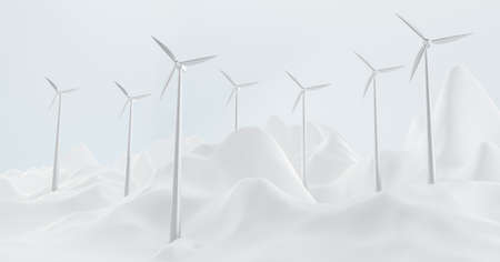 Futuristic landscape with wind turbines, snowy hills and blue sky. Alternative renewable power generation, green energy concept. Realistic 3d illustration of windmills with silver vanesの写真素材