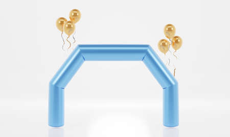 Blue inflatable arch with flying golden helium balloons, front view. Blank glossy archway or gate for holiday outdoor or sport events. Start finish line for marathon or triathlon races, 3d renderの写真素材