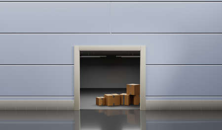 Warehouse industrial service entrance with open gate and cardboard boxes. Realistic illustration storage room in store, factory or market. Delivery or retail company storehouse exterior, 3d renderの写真素材