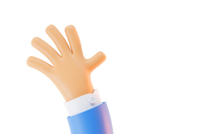 Waving hand in greeting gesture saying hello. Flexible arm male character in blue sleeve is raised...
