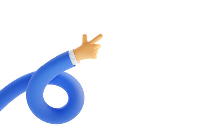 Cartoon funny spiral hand with index finger, shows direction, points forward. Flexible arm male...