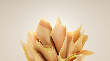 Abstract background with yellow layered fabric, folded in shape flower with rounded corners. Modern wallpaper, multilayer effect with layers and folds isolated on beige backdrop, 3d renderの写真素材