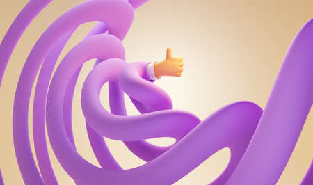 Cartoon long hand in shape spiral showing thumb up, positive gesture okay, like. Comic flexible arm in purple sleeve for approval, evaluation or good feedback, isolated on beige background, 3d renderの写真素材