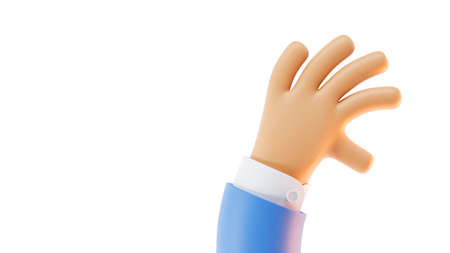 Waving hand in greeting gesture saying hi or bye. Business man arm in blue jacket is raised up with open palm and five fingers, isolated on white background. Cartoon friendly funny style, 3d renderの写真素材
