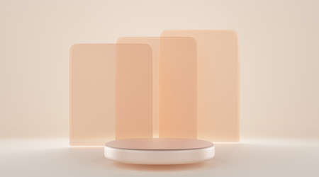 Round podium on background transparent rectangle geometric figures. Empty beige stage, platform or pedestal for display product premium. Elegant studio room in pastel colors, 3d render illustrationの写真素材