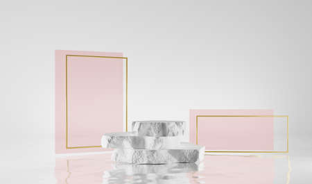 Stone step podium with abstract pink geometric figures and golden rectangle frames. Floating pedestal on water. Natural rough white rock for beauty cosmetic product display, 3d render illustrationの写真素材