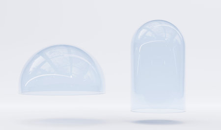 3d render, glass domes isolated on white background. Cylindrical and hemisphere clear blue shapes, plastic food storage container, product presentation case or laboratory tool. Realistic illustrationの写真素材
