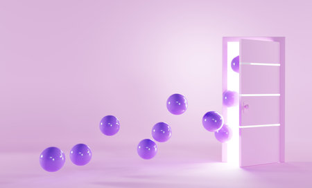 Purple helium balloons flying in open door, 3d render. Modern interior of empty room with pink wall and floor, minimal concept. Birthday or Valentines day surprise, romantic gift, balls for partyの写真素材
