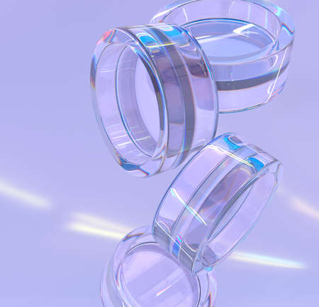 Abstract geometric shapes, crystal rounds or clear iridescent rings with dispersion light on purple background. Refraction effect of rays in glass, holographic spectral gradient texture, 3d renderの写真素材