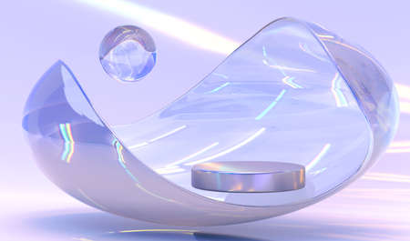 Podium with holographic gradient wave or glass iridescent ribbon and crystal sphere. Empty pedestal with dispersion light and refraction effect of rays on purple backdrop for display product 3d renderの写真素材