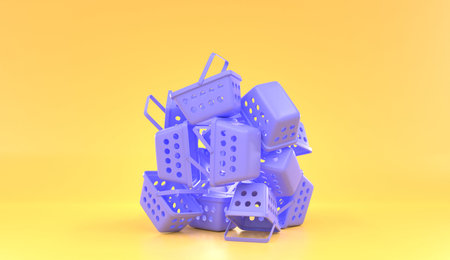 Pile purple shopping baskets, modern composition from empty plastic supermarket carts, minimal art object isolated on yellow background. Equipment for purchasing in grocery store or market, 3d renderの写真素材