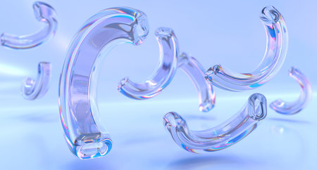 Flying abstract geometric shapes, transparent glass arc or wavy curvy tube, rainbow design element...