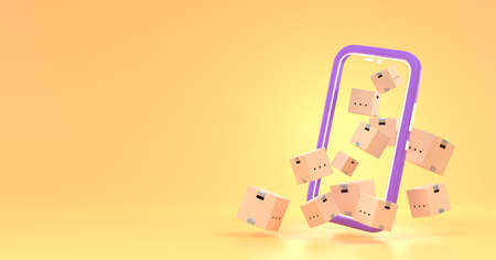 Online delivery or shopping in mobile app. Smartphone screen with flying out cardboard boxes, post or cargo parcels on yellow background. E-commerce or fast delivery service concept, 3d renderの写真素材