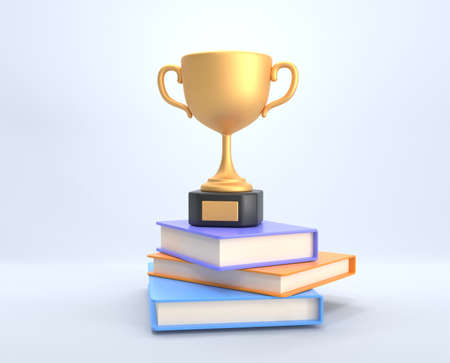 Golden cup, trophy or winner prize stand on stack books. Achievement in education, study award, successful student, excellent academic performance. Gold goblet for contest or competition, 3d renderの写真素材
