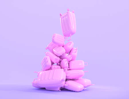 Pile pink monochrome suitcases on purple background, 3d render. Large heap luggage bags for summer journey or vacation trip. Big mountain baggage, tourism composition or art object. Travel conceptの写真素材