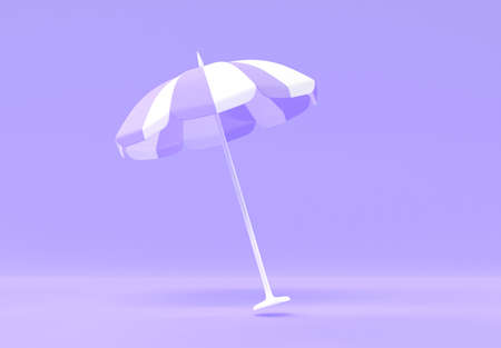 Striped beach umbrella or folding garden parasol. Awning, sunshade, accessory for summer vacation, sun protection outdoor isolated on purple background. Realistic 3d render illustrationの写真素材
