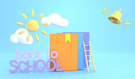 Back to school cartoon banner. Colorful stack books or notebooks with ladder on blue sky background with bell, sun and clouds. Concept of education, growth and development, 3d render illustrationの写真素材