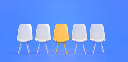 Chairs standing in row, one yellow seat among many white, front view. Hiring and recruiting concept. Job opportunity, search new talent, vacancy, hire staff, 3d render illustration of vacant seatの写真素材
