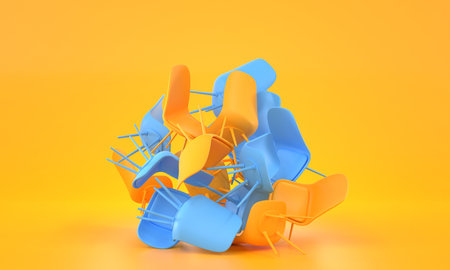 Pile of colorful chairs on orange background, 3d render. Furniture store sale. Stack overturned yellow and blue office plastic seat. Concept of financial problems, business debt, bankruptcyの写真素材