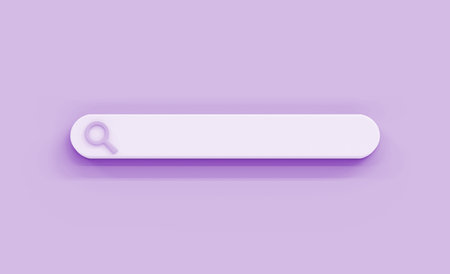Search engine bar with magnifying glass icon on purple background. Blank text input field on browser, finding information on internet. Minimal design element, web form template, 3d render illustrationの写真素材