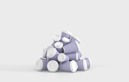 3D Heap used disposable paper or plastic cups on white background. Pile empty purple mugs for coffee, tea and takeaway drinks. Concept of pollution and recycle trash. Waste mountain, 3d renderの写真素材