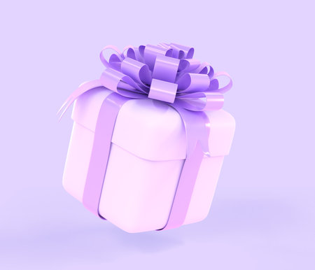 Gift box 3d present in white wrapping paper with purple ribbon and bow on Birthday, Wedding, Valentine day. Holiday surprise box isolated on lilac background. Realistic icon bonus, award, game graphicの写真素材