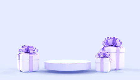 3D Podium and white gift boxes with purple bows on blue background. Mockup empty stage, platform for display product with presents or bonuses on Birthday, Valentine, Christmas or New Year, 3d renderの写真素材
