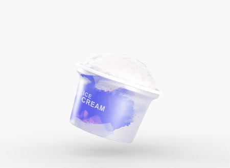 Blue plastic cup with ice cream ball. Realistic mockup paper bucket, round jar or food container with texture sundae. Package with dairy product, cold summer dessert isolated on background, 3d renderの写真素材