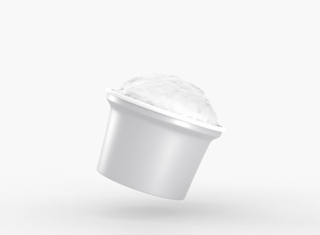 White plastic cup with ice cream ball. Realistic mockup of empty paper bucket, round jar or food container with texture sundae. Package with yogurt or dairy product isolated on background, 3d renderの写真素材