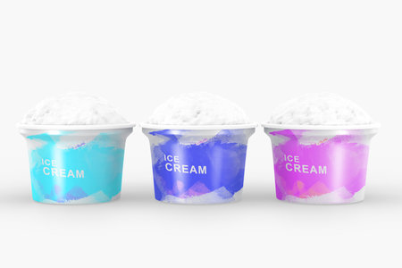 Ice cream scoops in cups 3d render. Realistic set of plastic or paper buckets, food containers isolated on white background. Watercolor packaging design for cold summer milk dessert with various tasteの写真素材