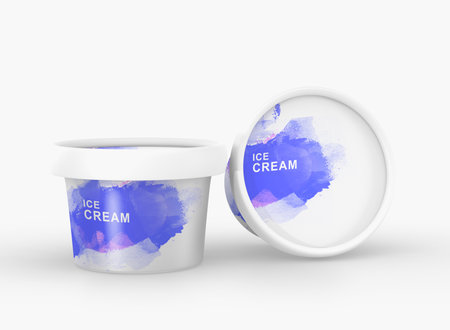 Ice cream bucket with closed lid side and top view. Realistic mockup plastic or paper cup blueberry flavored sundae, tub food container isolated on white background. Dessert package design, 3d renderの写真素材