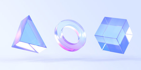 Glass triangle, ring and cube box, 3d render icons set. Abstract geometric shapes with holographic...