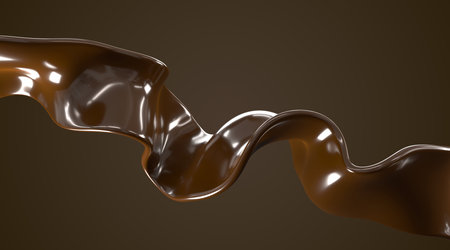 Chocolate wave with liquid texture 3d render. Flow of dark cacao or coffee, brown melted glossy glaze, ganache sauce or syrup, isolated sweet choco in motion, design elementの写真素材