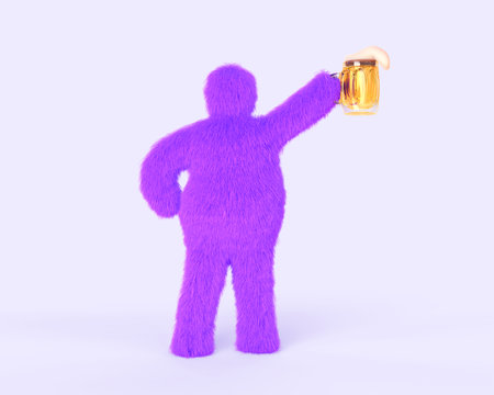 Yeti with hand up and glass mug of beer with foam 3d render. Bigfoot character, cartoon hairy man in fluffy costume for beer party in pub or bar, funny monster with alcohol drinkの写真素材