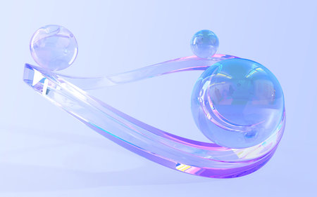 Abstract glass geometric composition, iridescent crystal spheres on curved ring with holographic gradient texture in motion 3d render. Transparent rainbow figure, digital art objectの写真素材