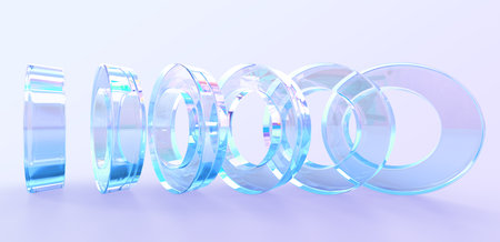 Abstract geometric background with rotation glass rings 3d render. Turn iridescent clear round shapes with light refraction from prism, glossy crystal composition, digital art objectの写真素材
