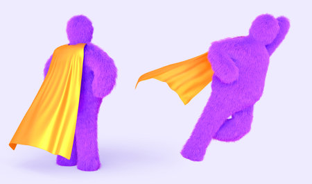 Superhero yeti stands in gold cape back view and flying in hero pose, 3d render icons set. Snow man character, funny hairy monster on halloween, purple bigfoot isolated on backgroundの写真素材