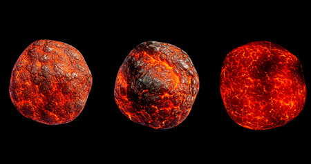 Fantasy alien planets with surface of molten hot liquid lava. 3D render icons for ui space game, set of futuristic cosmic objects isolated on black background. Cosmos exploration, astronomy collectionの写真素材