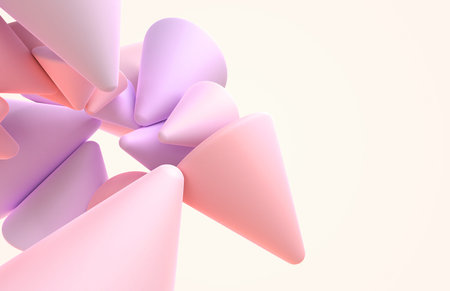 Abstract background with geometric cones in pastel colors 3d render. Matte pink purple figures with...