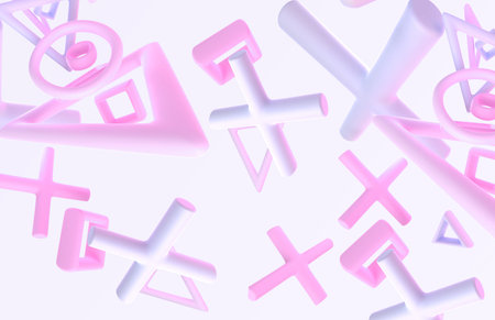 3D background with abstract geometry shapes. Matte pink purple figures in motion, flying crosses,...