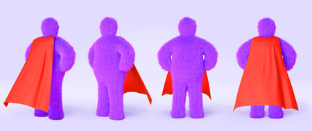 Superhero yeti in red cloak front, side and back view 3d render. Sasquatch cartoon character, funny hairy monster with cape in hero pose, isolated purple snowman, bigfoot, icons setの写真素材