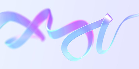 Holographic iridescent ribbon flying in air 3d render. Pearlescent rainbow or unicorn blur tape with gradient texture isolated on abstract background. Flowing wavy neon stripの写真素材