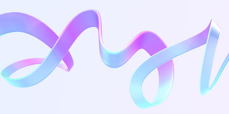 Holographic ribbon swirl wave line isolated on abstract background 3d render. Iridescent neon foil hologram shape with gradient pink, blue and purple texture in motion, splash curveの写真素材
