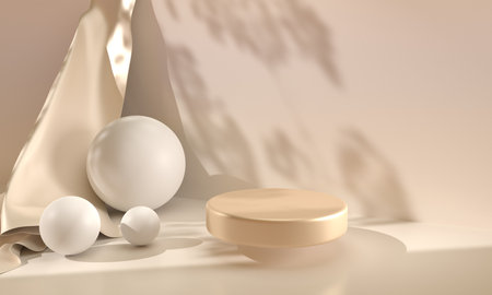 Podium with white spheres and luxury silk fabric on beige background. Gold pedestal with geometric balls, satin cloth and drapery for display cosmetic product, nude, brown template, studio 3d renderの写真素材