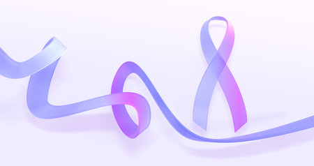 Breast cancer awareness month symbol and colorful ribbon swirl wave line with gradient texture 3d render. Concept of early detection, mammography, prevention and treatment, bannerの写真素材