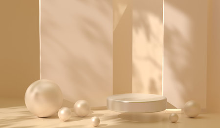 3D display podium on beige pastel background. Pedestal or platform with geometric spheres or pearls for beauty cosmetic product presentation. Natural nude studio, mock up bannerの写真素材
